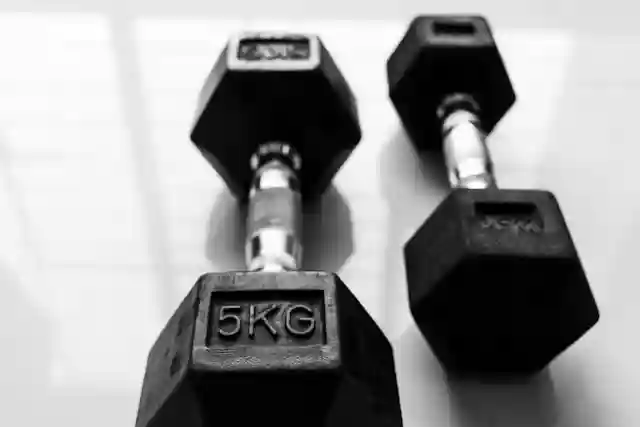 Picture of free weights, barbells.