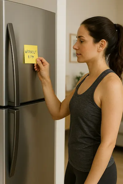 A woman in workout clothes places a yellow sticky note on a stainless steel refrigerator as a workout reminder at home.